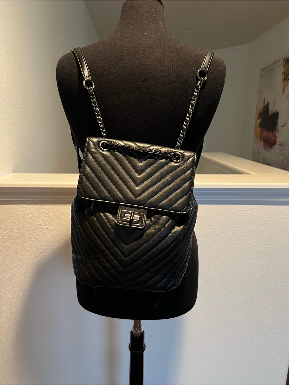 KC Jagger Black Quilted Leather Backpack with Chain Straps